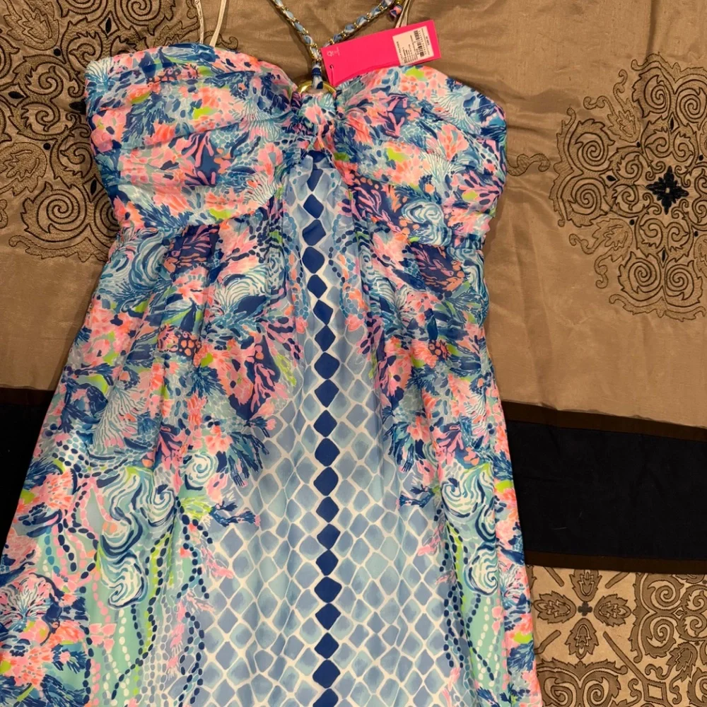 Lilly Pulitzer Blue Pink Floral Strapless Maxi Dress - Picture 7 of 9
